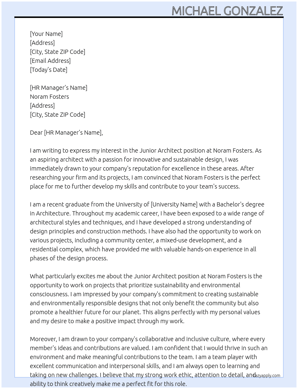 Junior architect At noram fosters Cover Letter