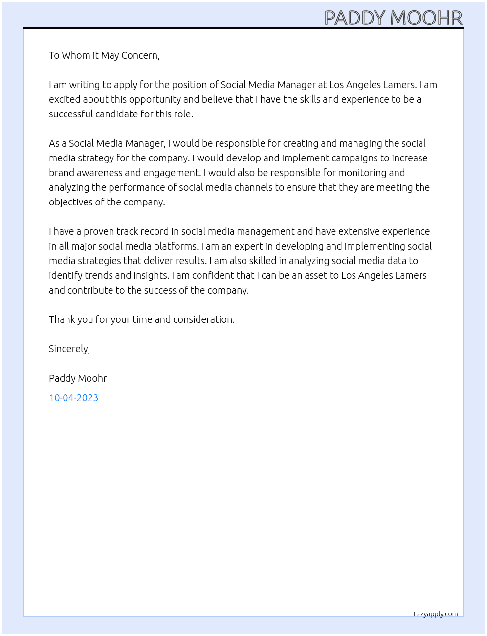 Social Media Manager At Los Angeles Lamers Cover Letter