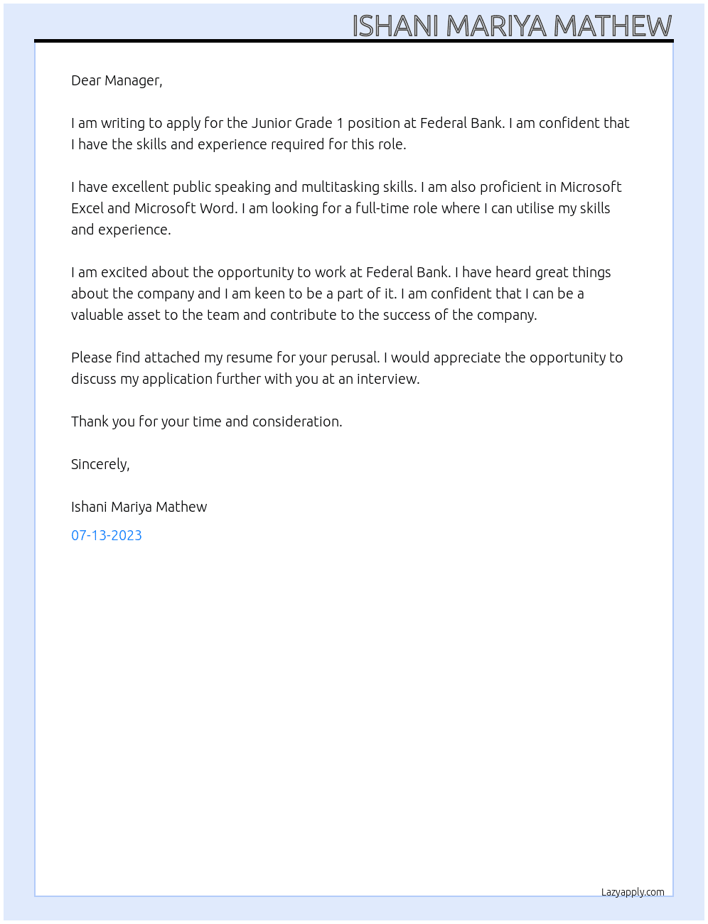 Junior Grade 1 At Federal Bank Cover Letter