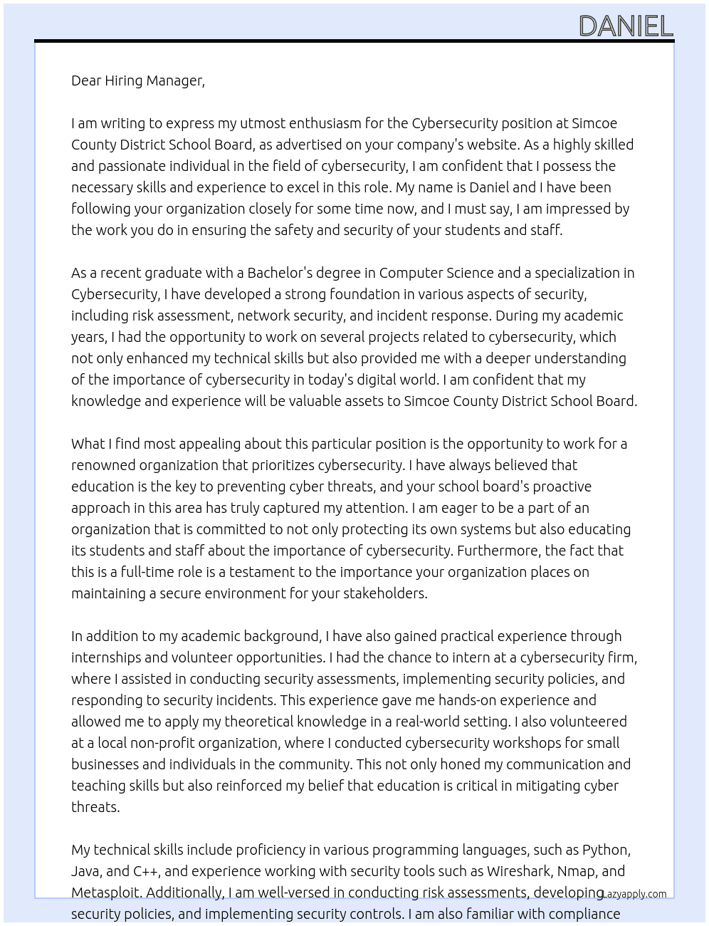 Cybersecurity At Simcoe County District School Board Cover Letter