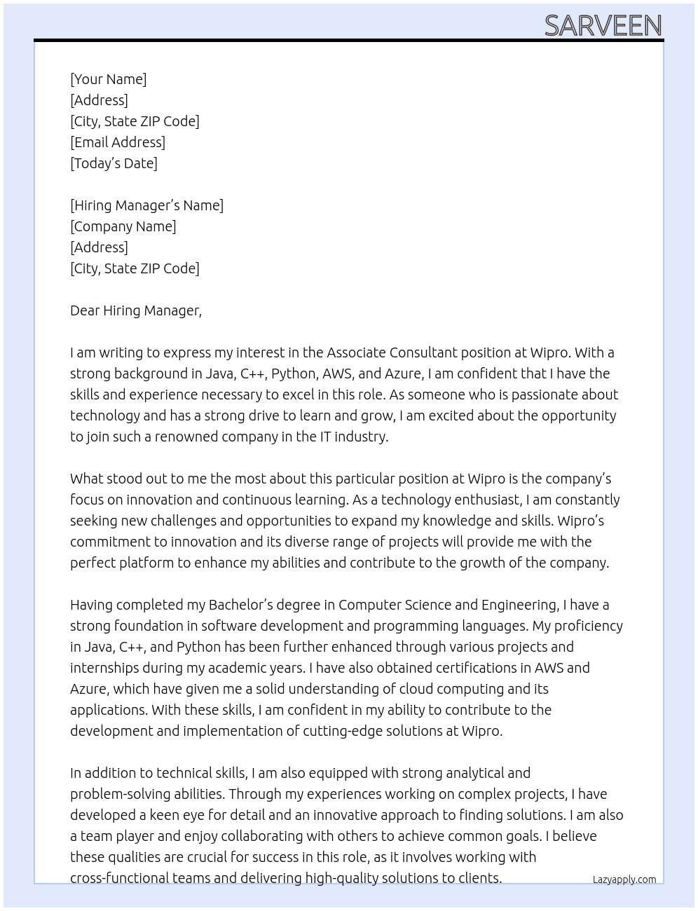 Associate Consultant At Wipro Cover Letter