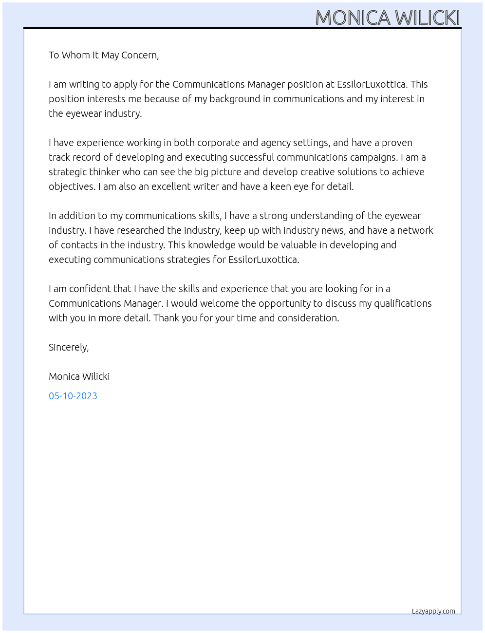 Communications Manager At EssilorLuxottica Cover Letter