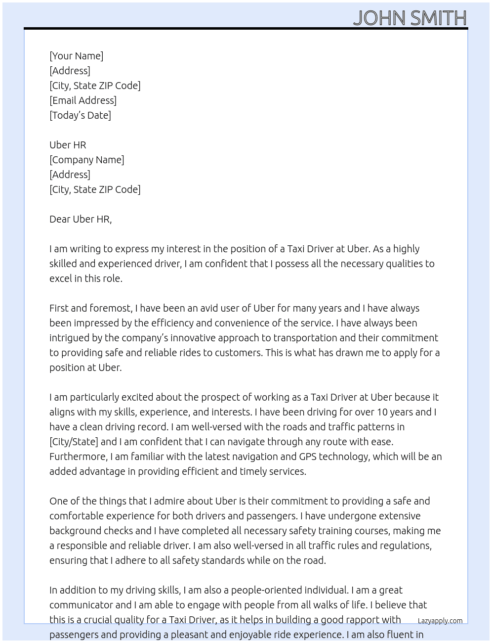 Taxi driver At Uber Cover Letter