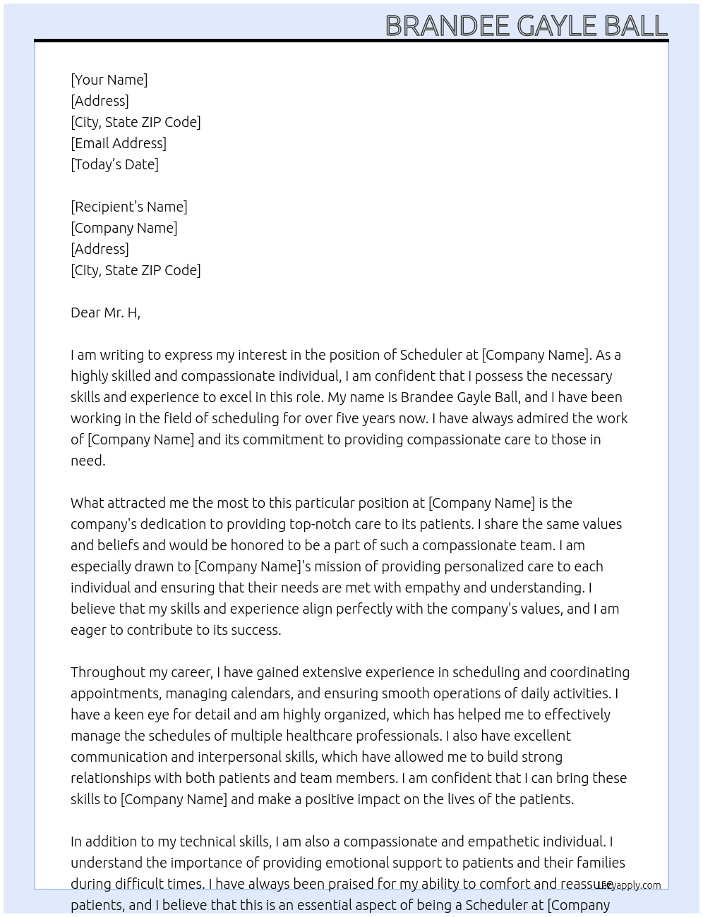Scheduler At Company Cover Letter