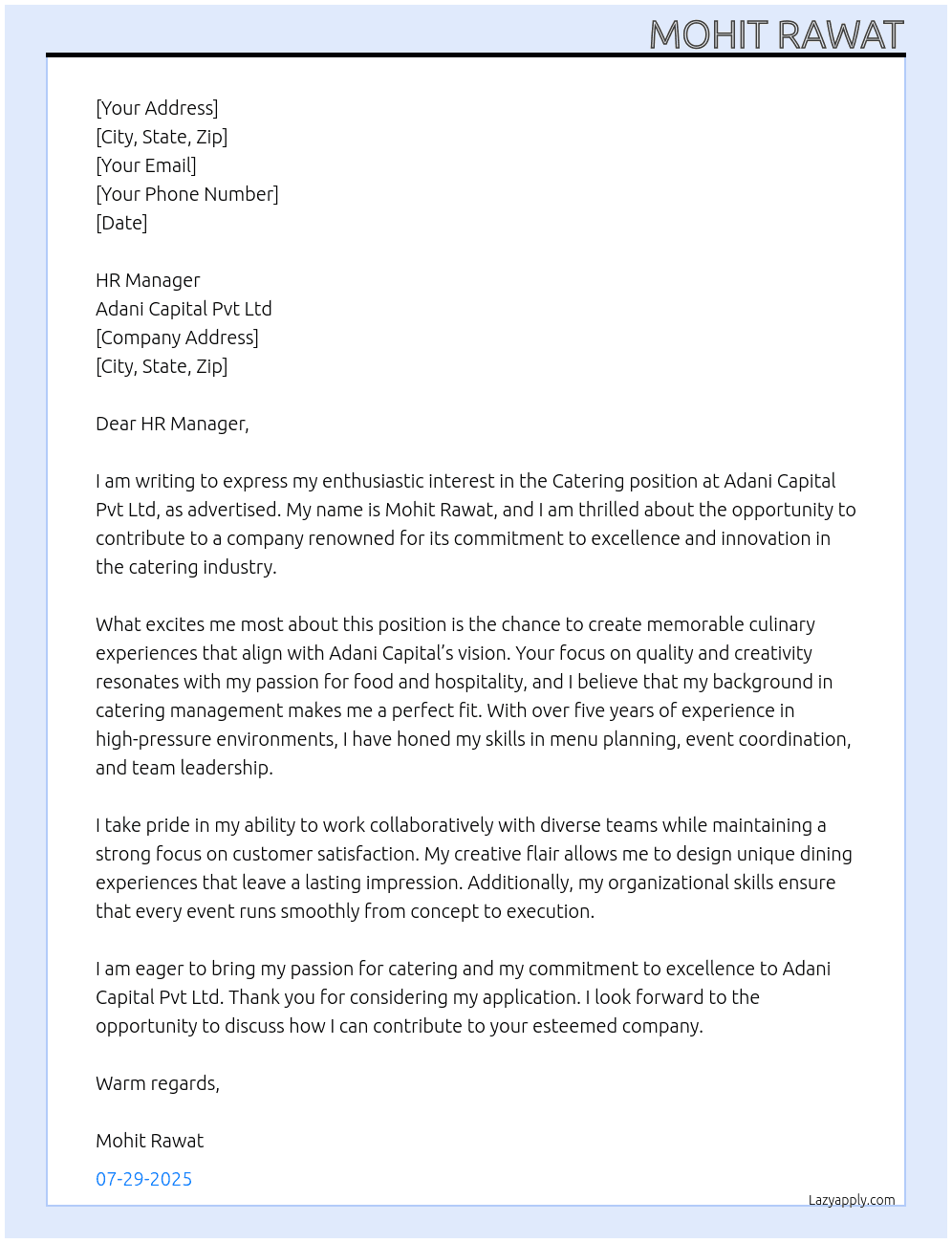 Catering  At Adani Capital Pvt Ltd Cover Letter