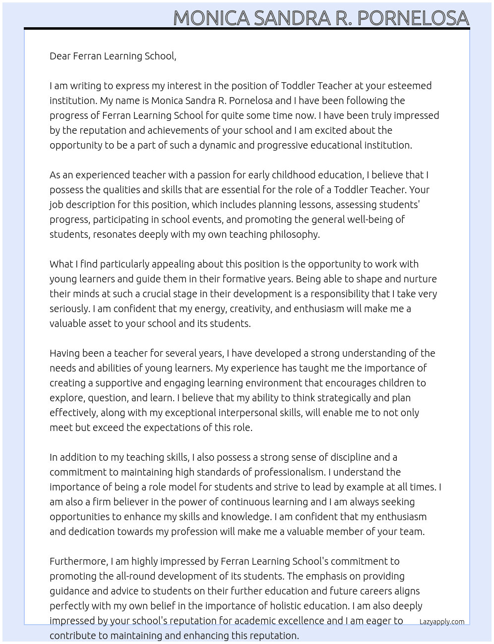 toddler teacher At Ferran Learning School Cover Letter