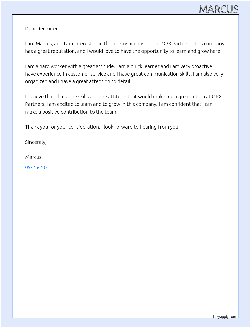 Internship At OPX Partners Cover Letter