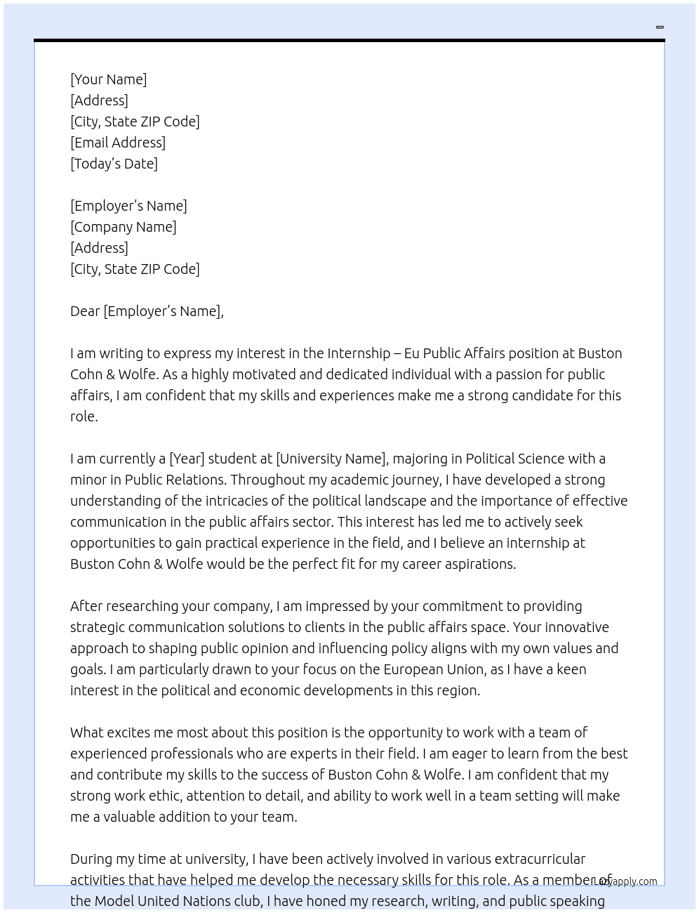 Intership -Eu Publi Affairs At Buston Cohn & Wolfe Cover Letter