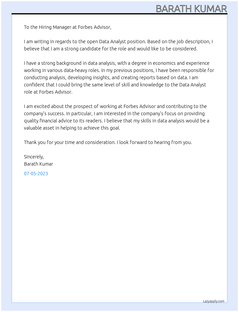data analyst At Forbes Advisor Cover Letter