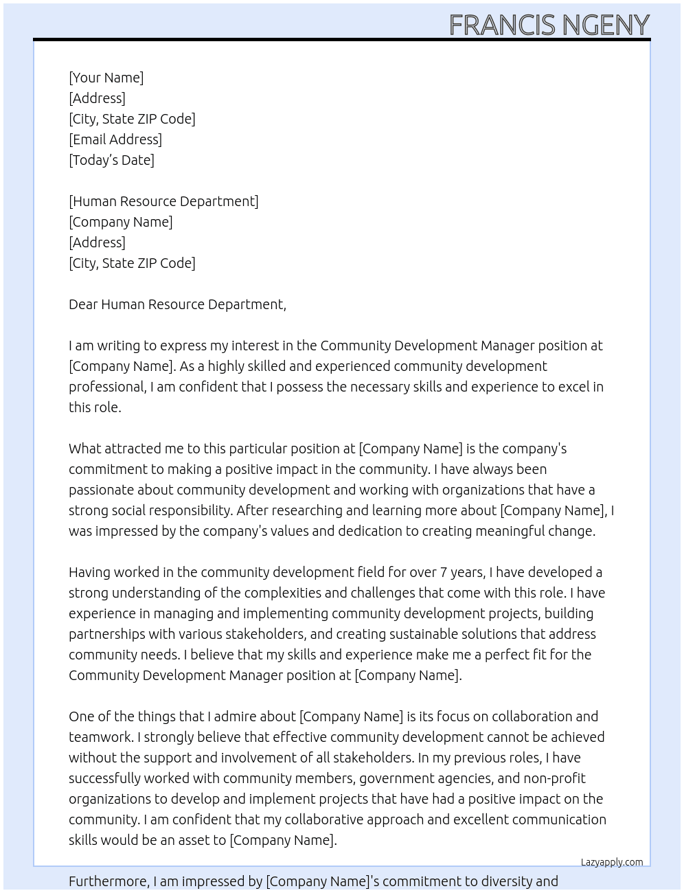 Community Development Manager At Francis Ngeny Cover Letter