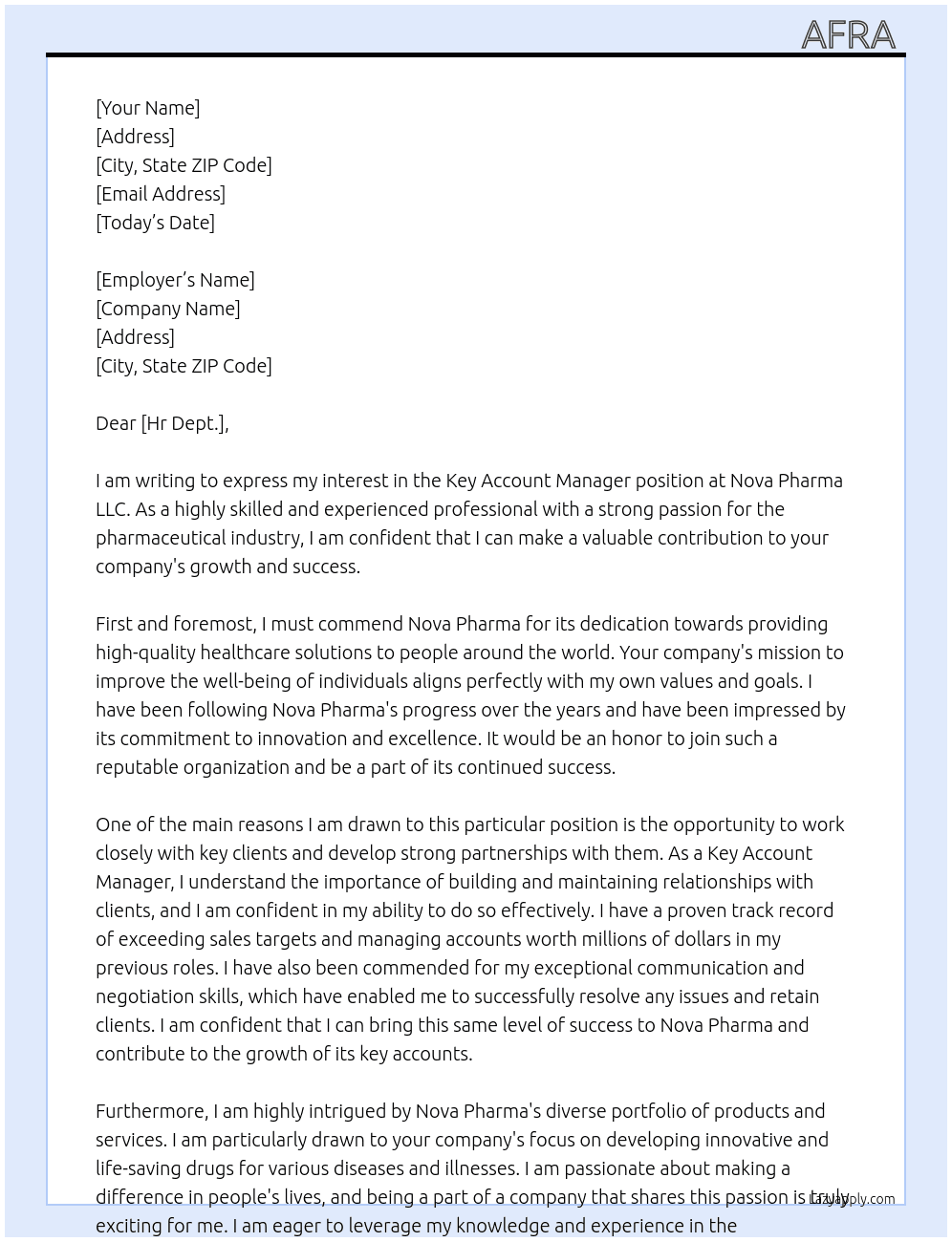 Key Account Manager  At Nova Pharma LLC Cover Letter