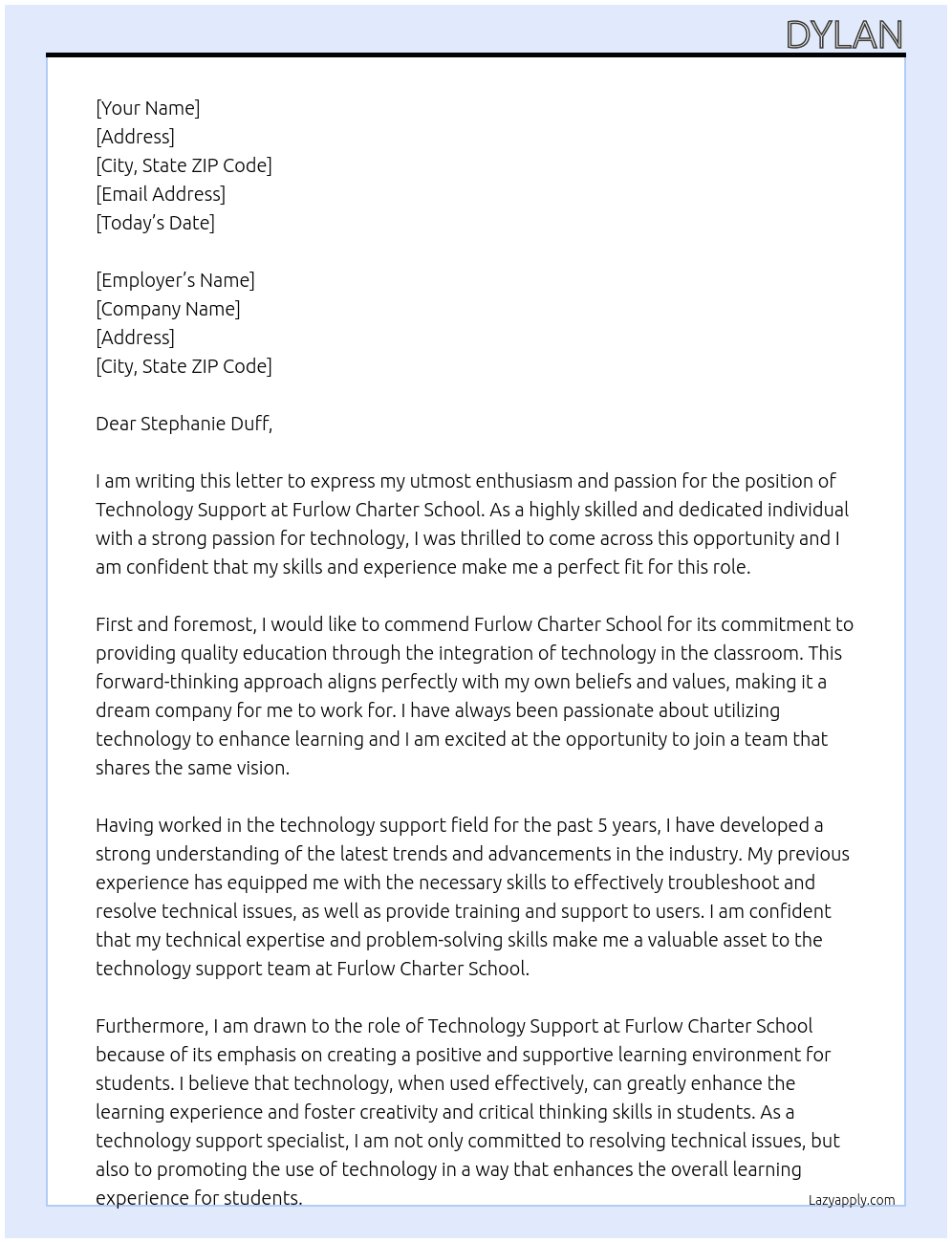 Technology Support At Furlow Charter School Cover Letter