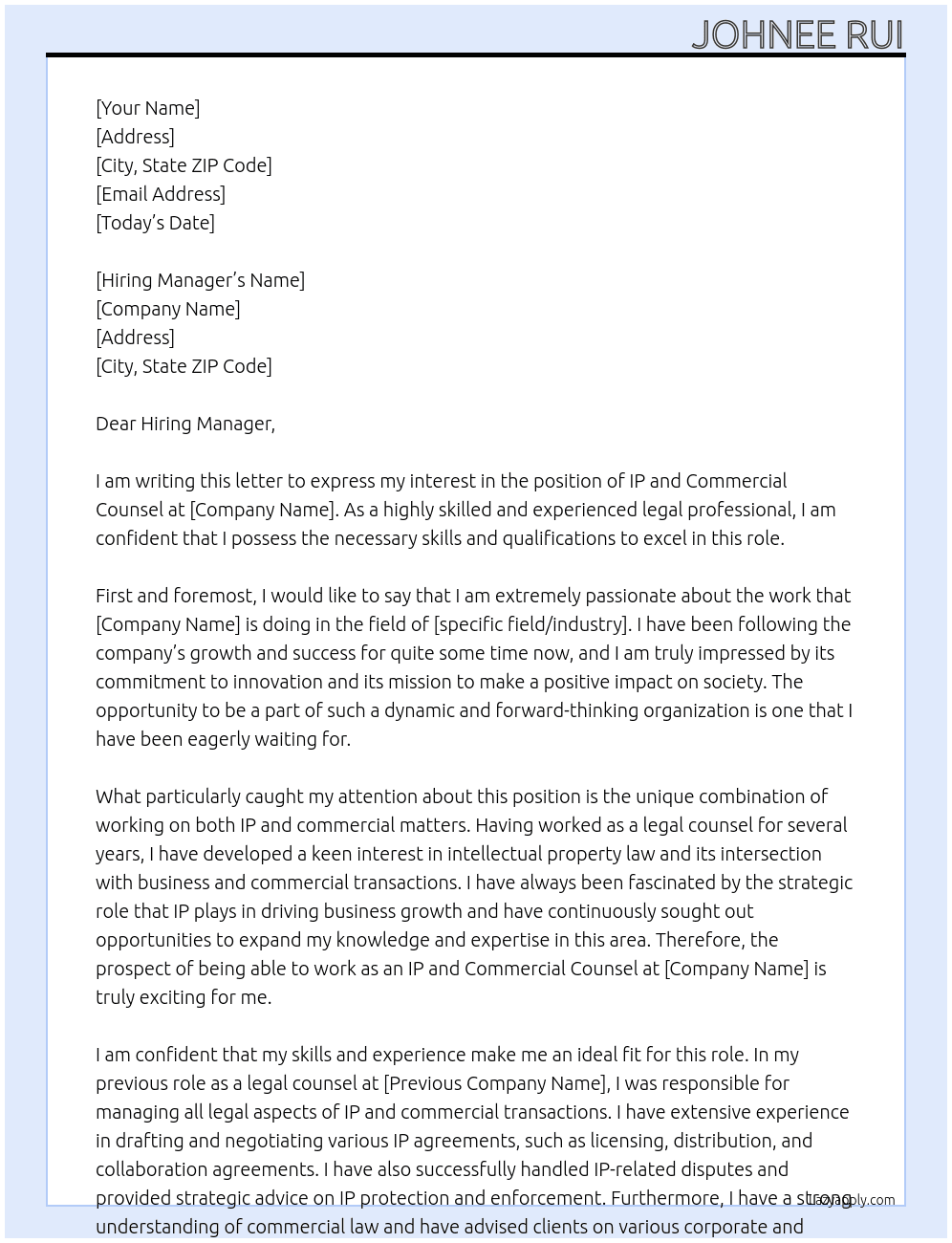 Ip and Commercial counsel At Stable Cover Letter