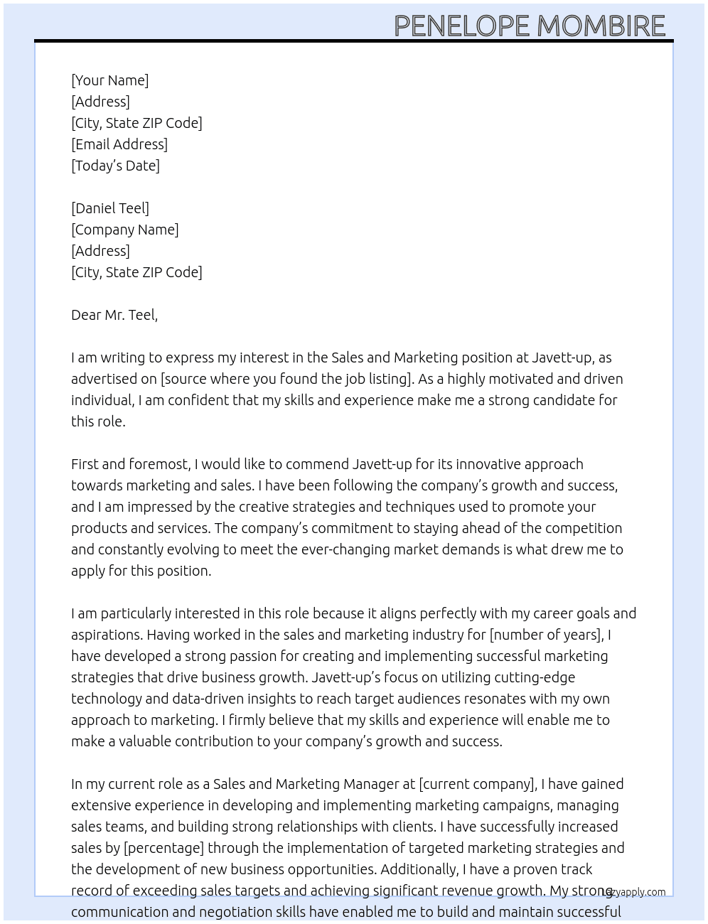 Sales and marketing  At Javett-up Cover Letter