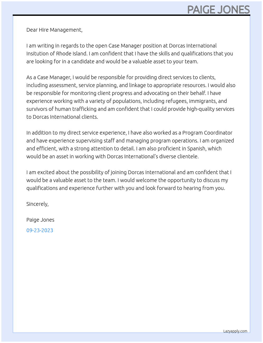 Case Manager At Dorcas International Insitution of Rhode Island Cover Letter