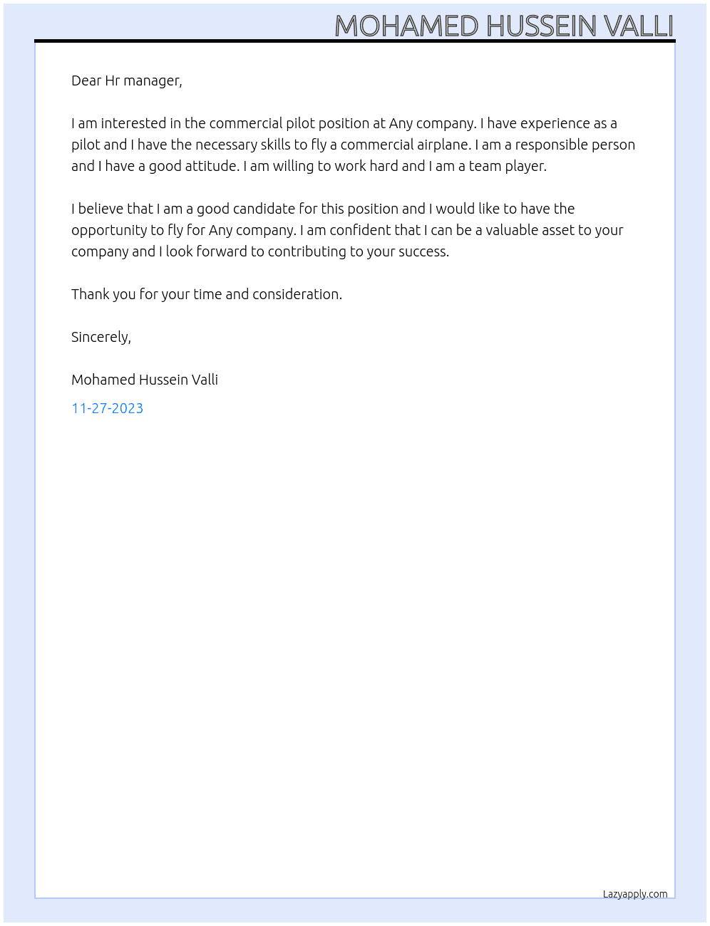Commercial pilot At Any Cover Letter