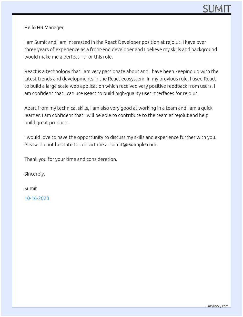 React Developer At rejolut Cover Letter