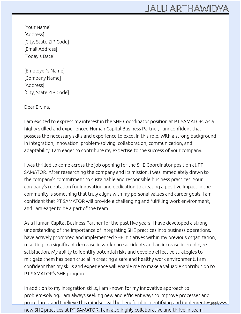 SHE COORDINATOR At PT SAMATOR Cover Letter