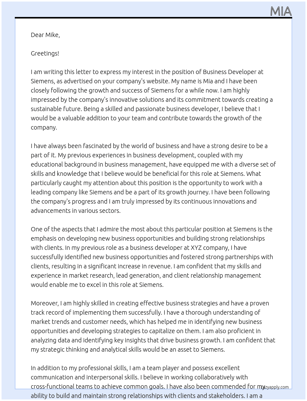 Business developer At siemens Cover Letter