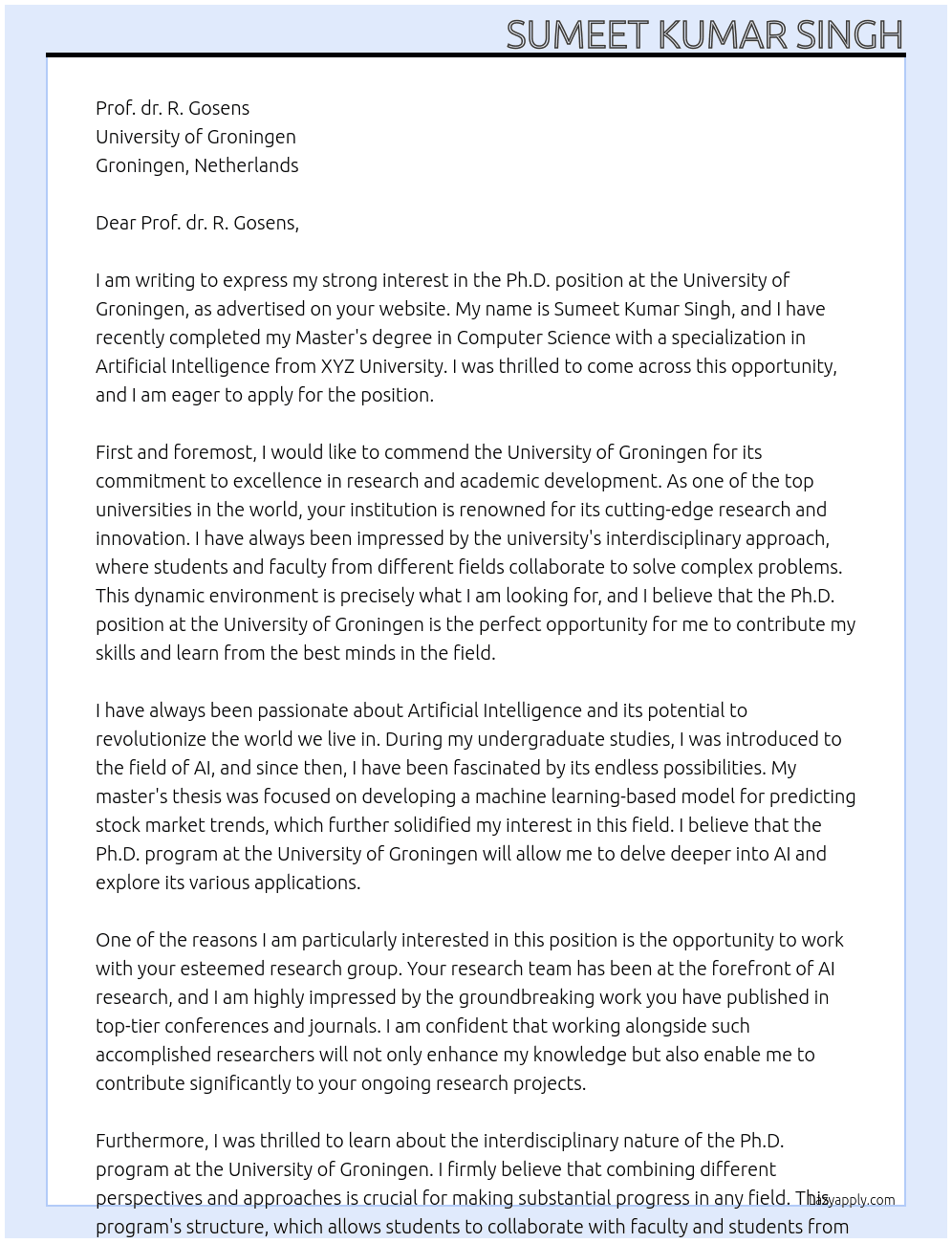 Ph.D position At University of Groningen Cover Letter