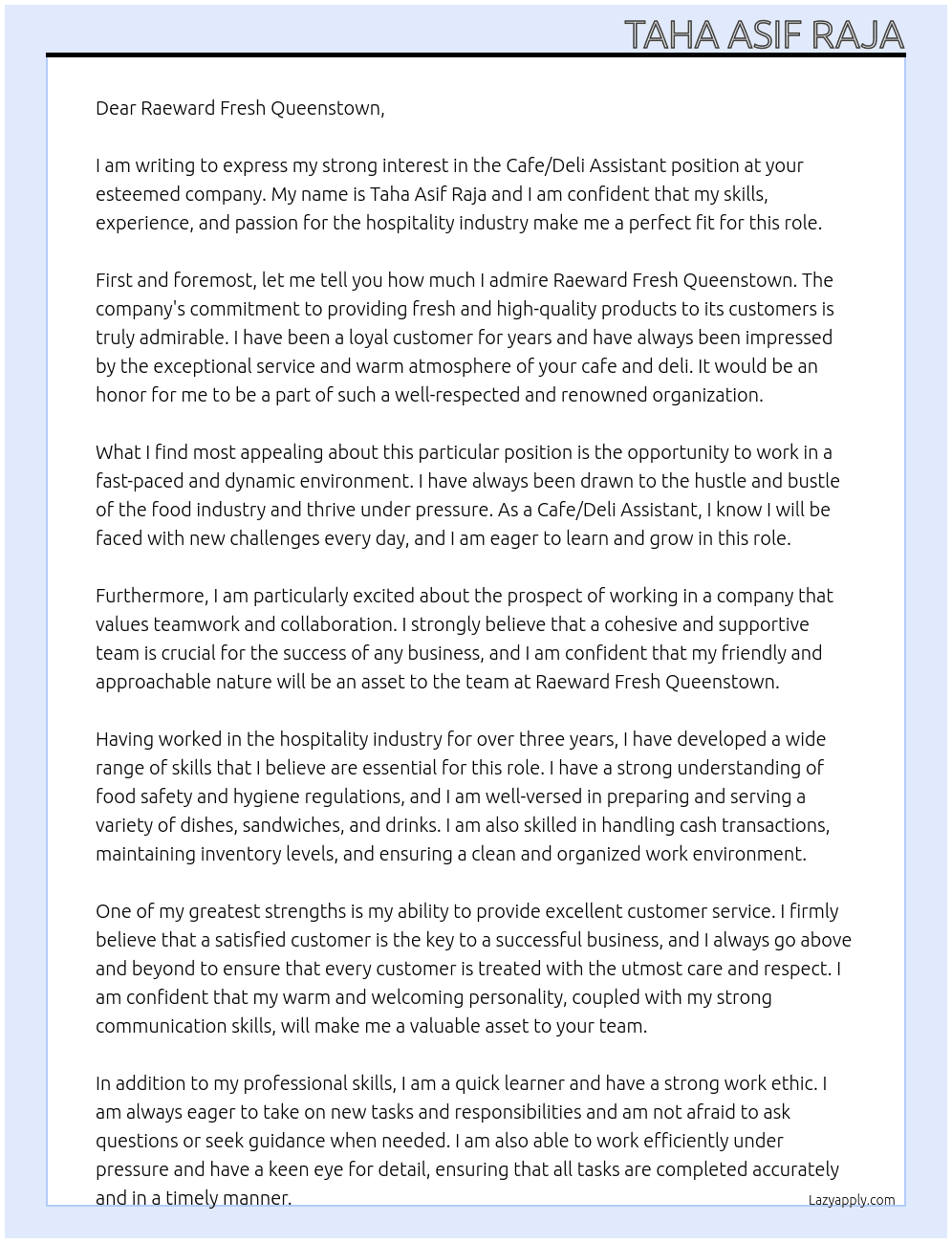 Cafe / Deli Assistant At Raeward Fresh Queenstown Cover Letter