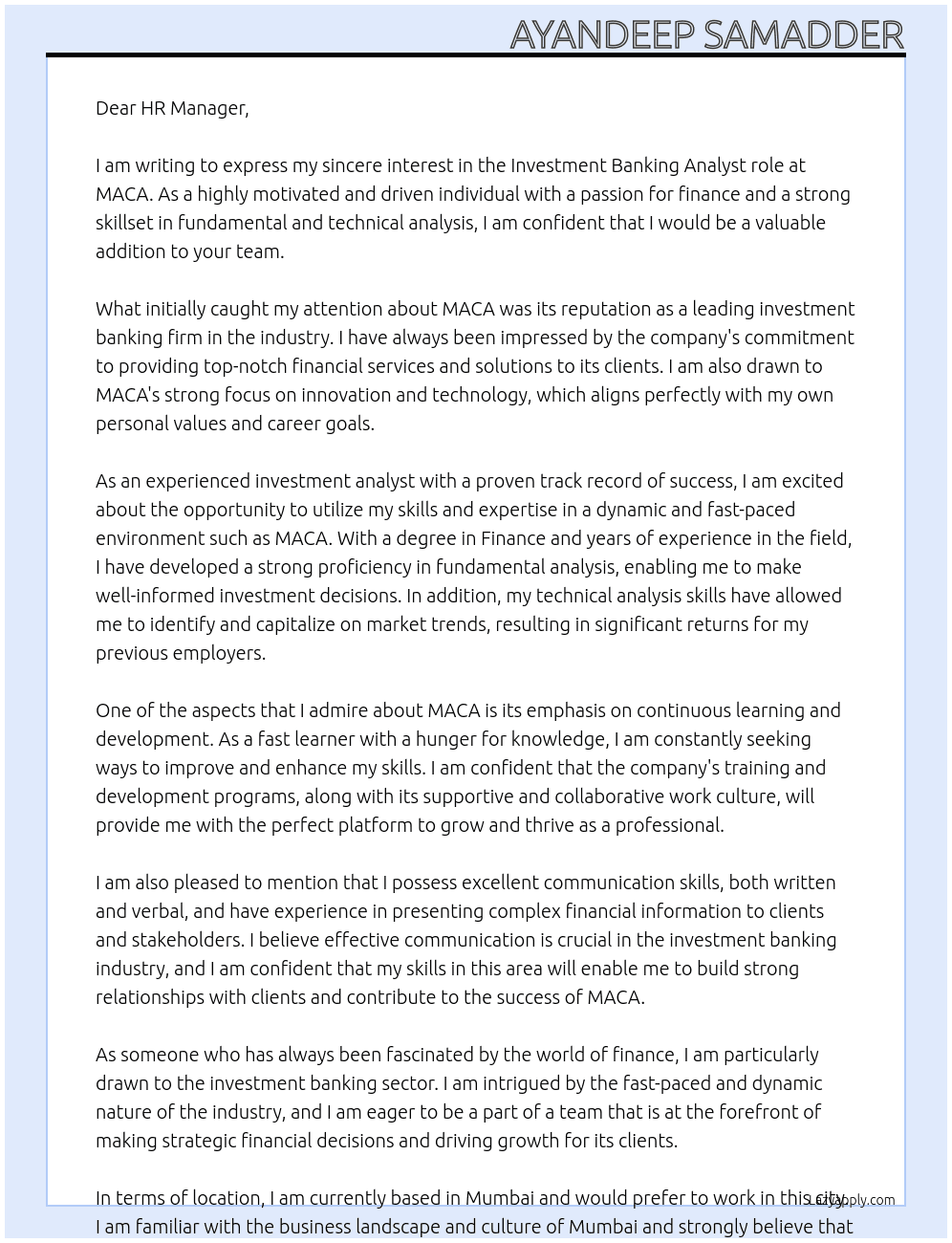 investment banking At MACA Cover Letter
