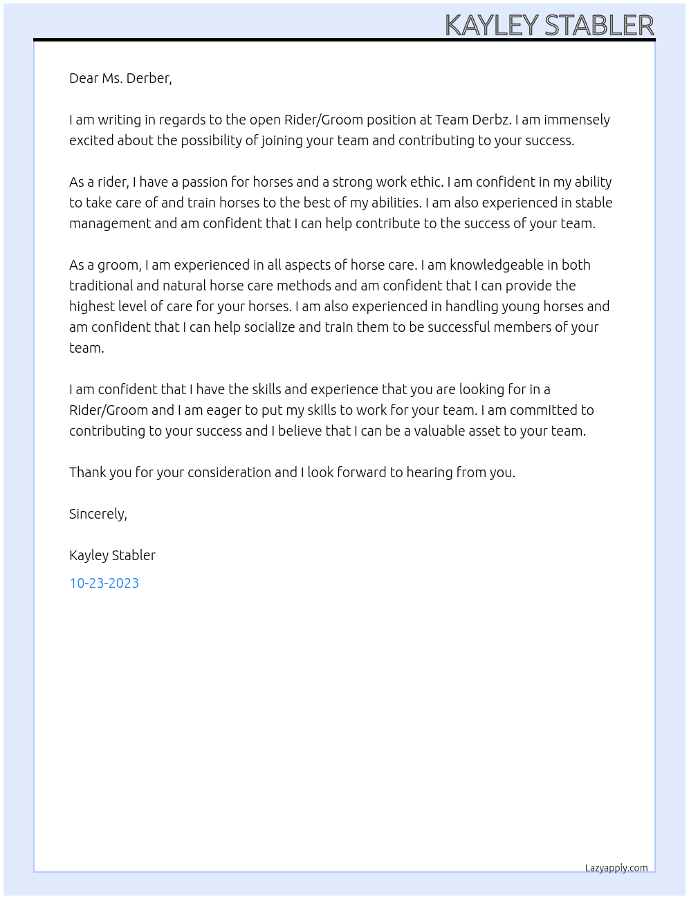 Rider/Groom At Team Derbz Cover Letter