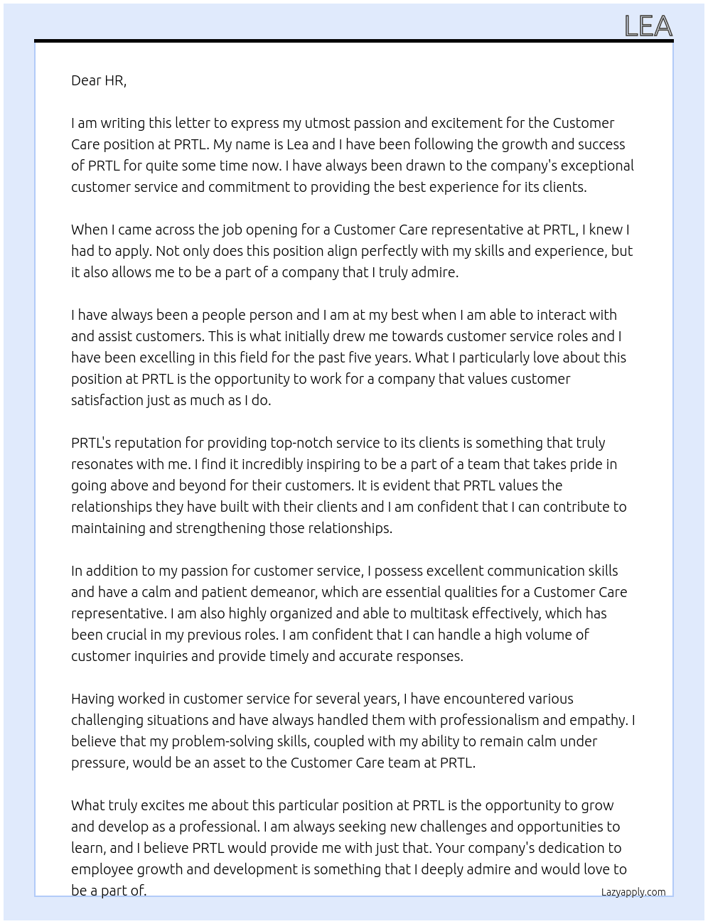 Customer care At PRTL Cover Letter