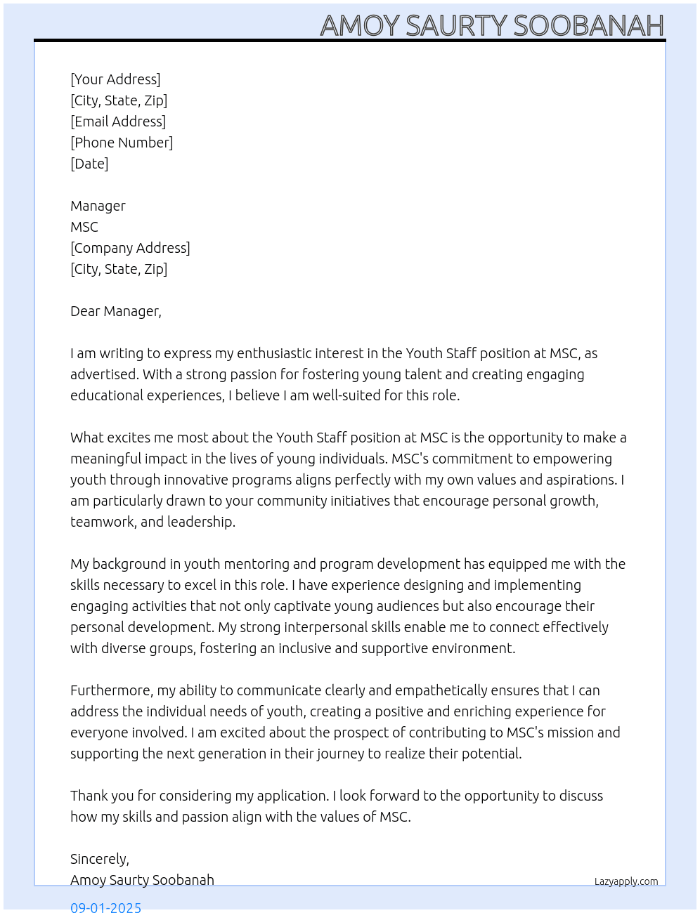 youth staff At MSC Cover Letter