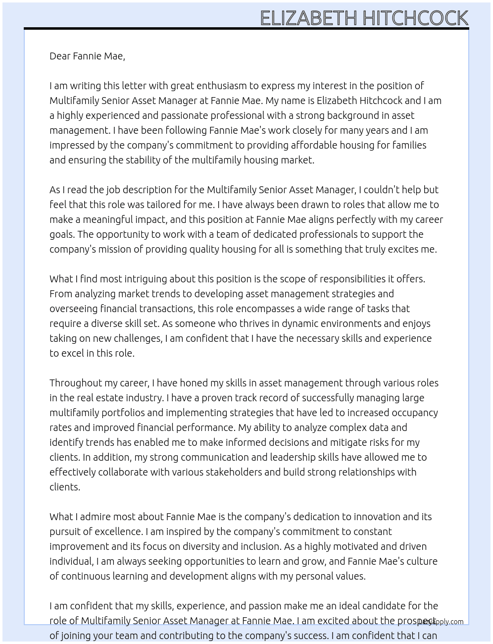 Multifamily Senior Asset Manager At Fannie Mae Cover Letter