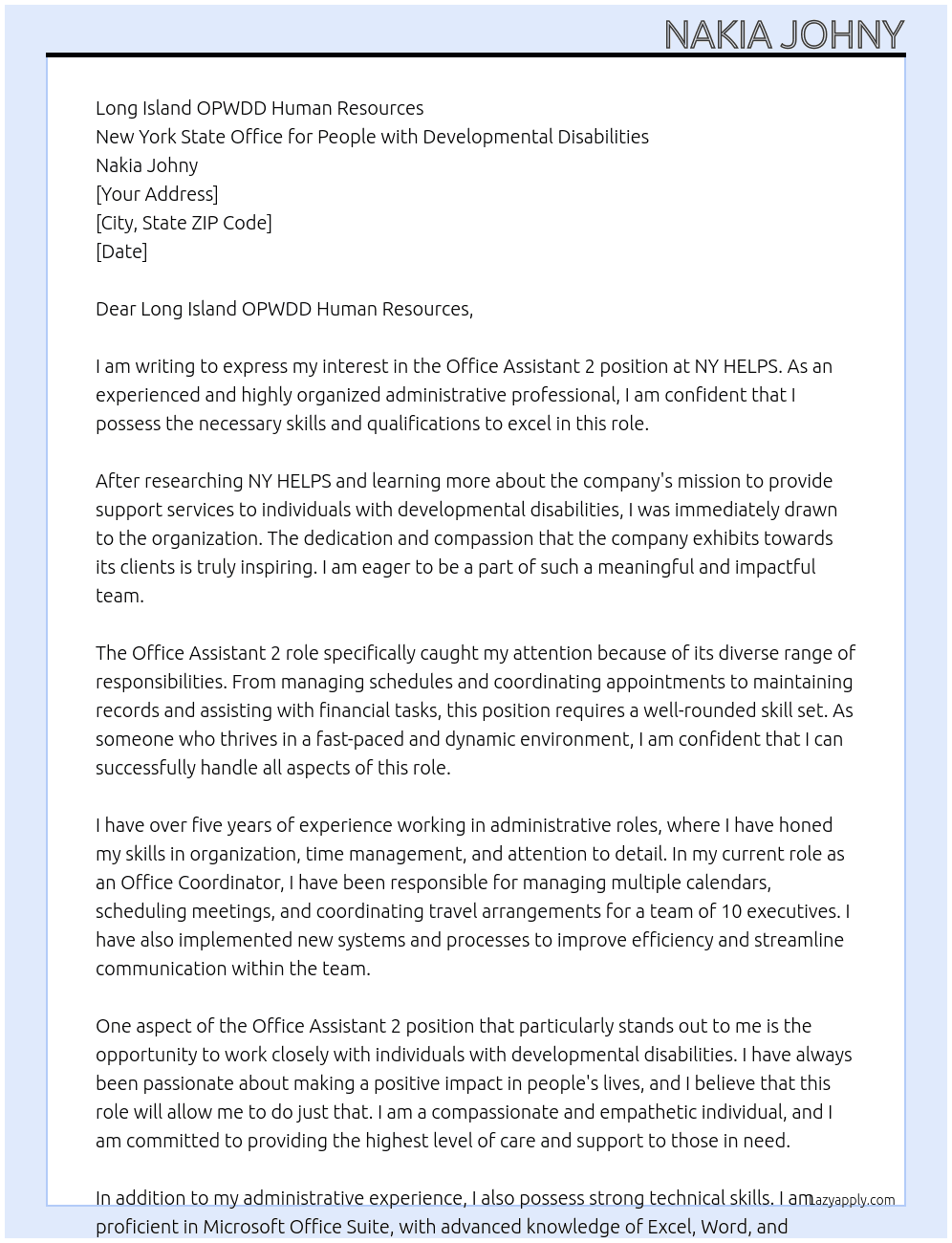The Office Assistant 2 At NY HELPS Cover Letter