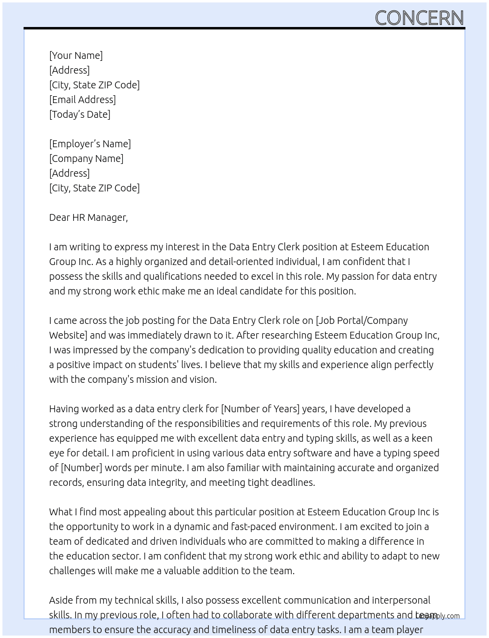 data entry clerk At ESTEEM EDUCATION GROUP INC Cover Letter