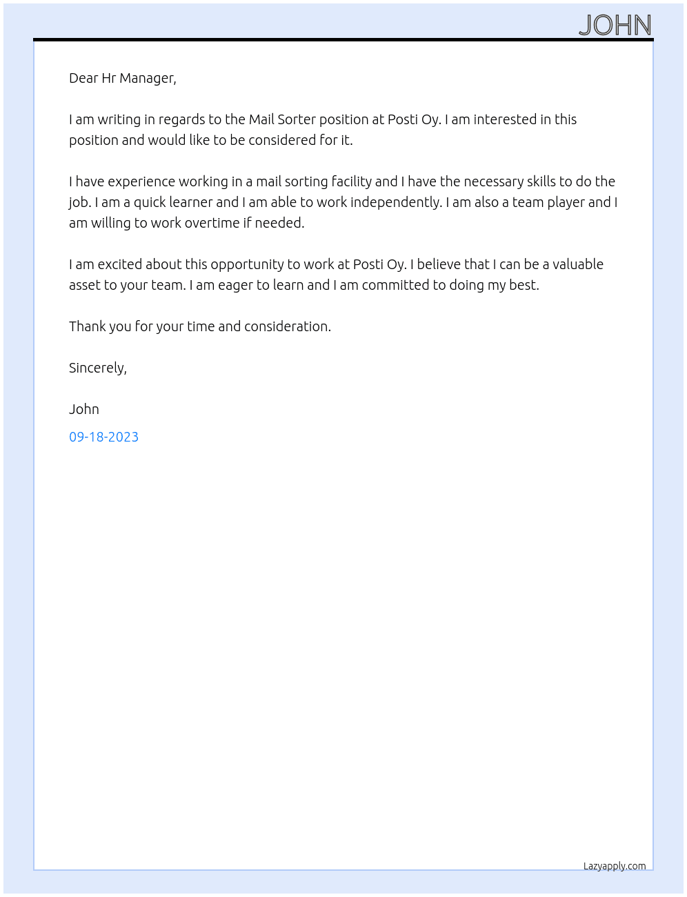 Mail Sorter At Posti Oy Cover Letter