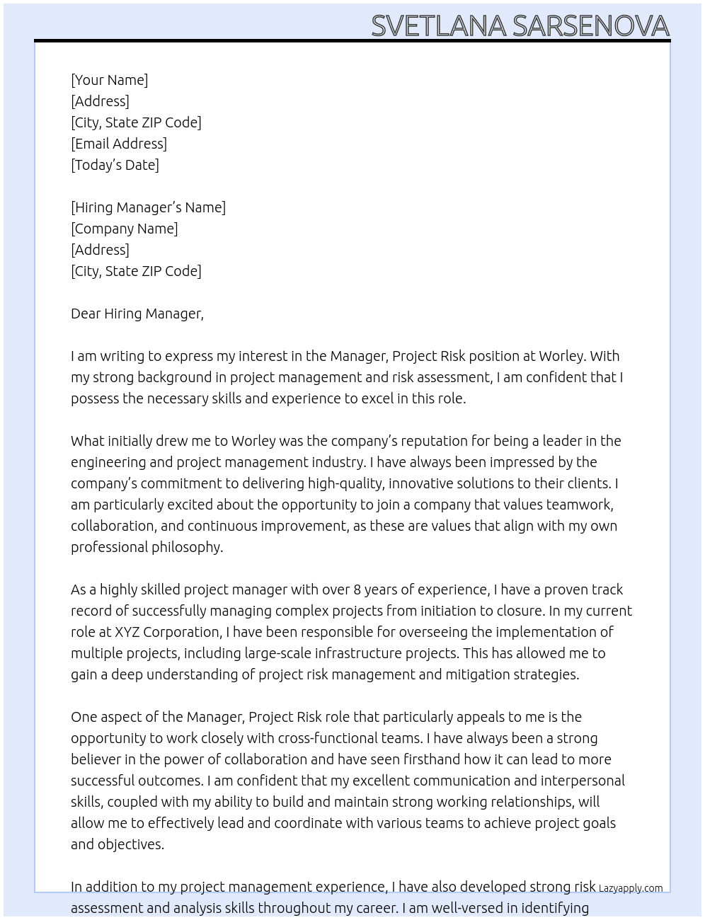 Manager, Project Risk At Worley Cover Letter