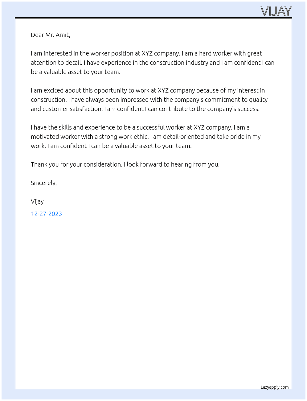 Worker At Xyz Cover Letter