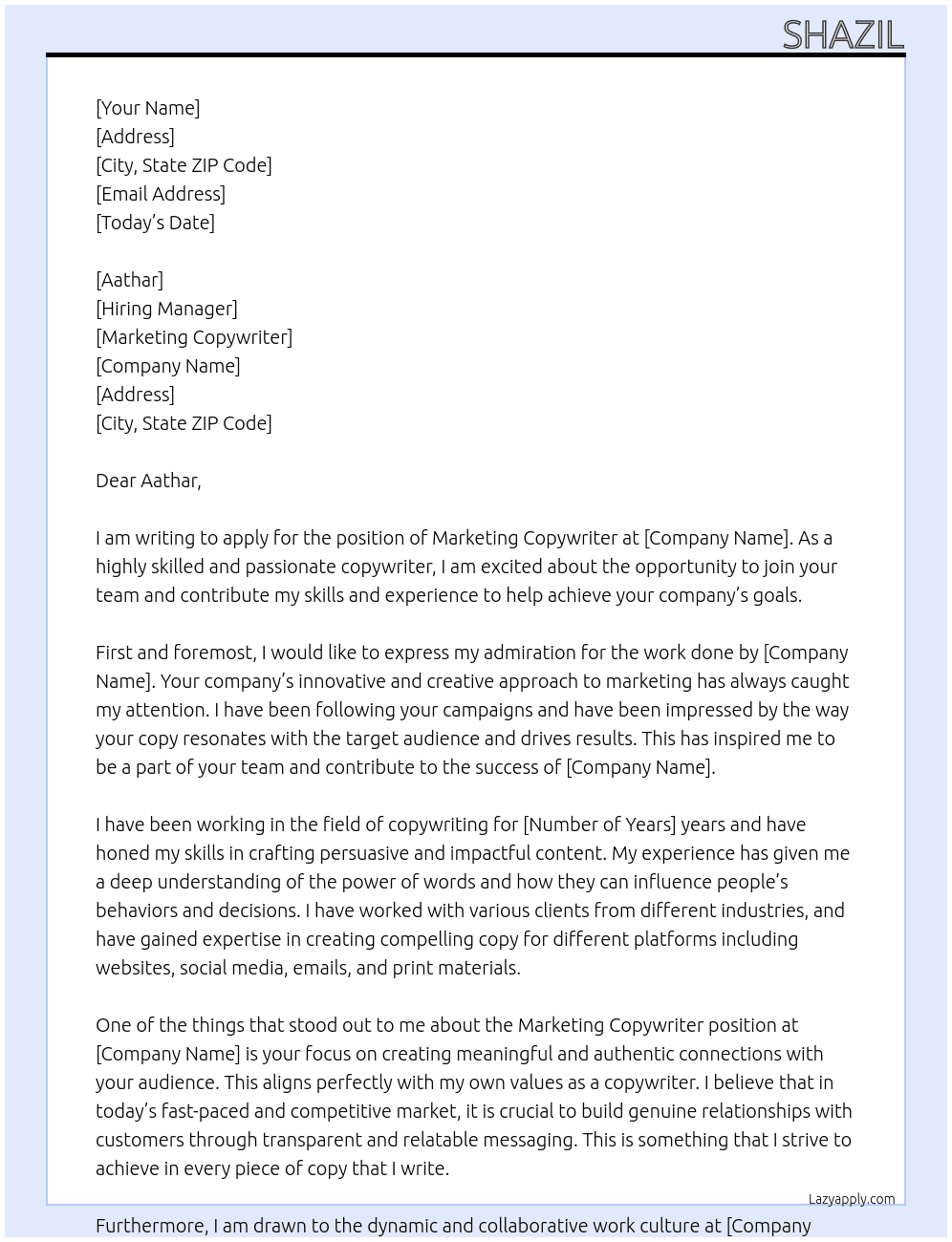 copy writing  At marketing copywriter  Cover Letter