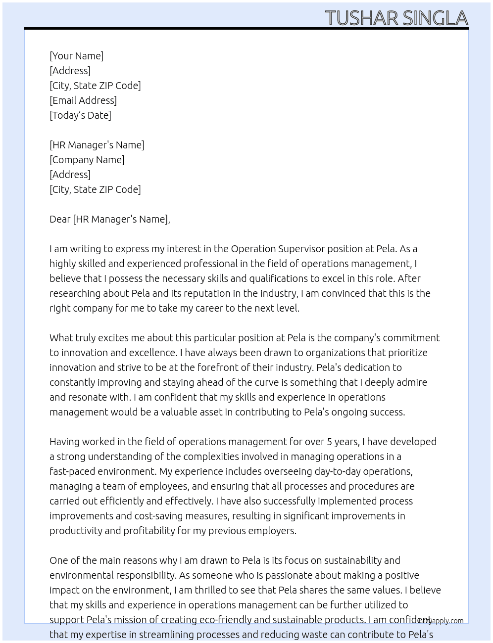 OPeration Supervisor At Pela Cover Letter