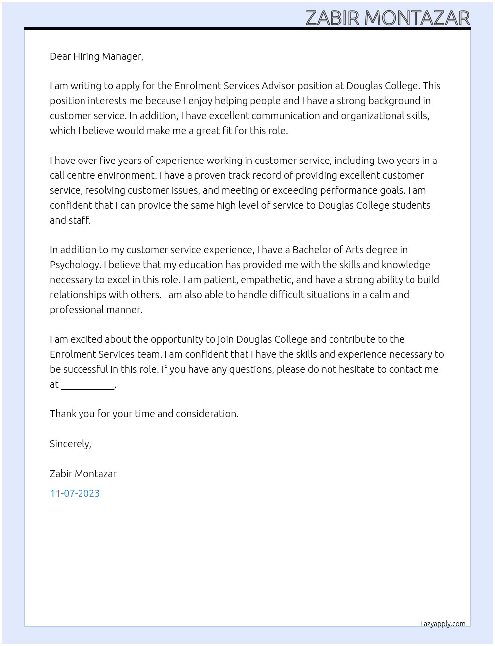 Enrolment Services Advisor At douglas college Cover Letter