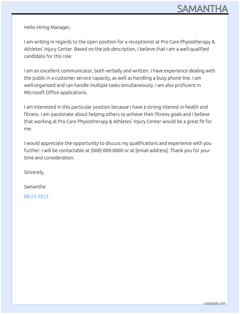 Receptionist At Pro Care Physiotherapy & Athletes' Injury Center Cover Letter