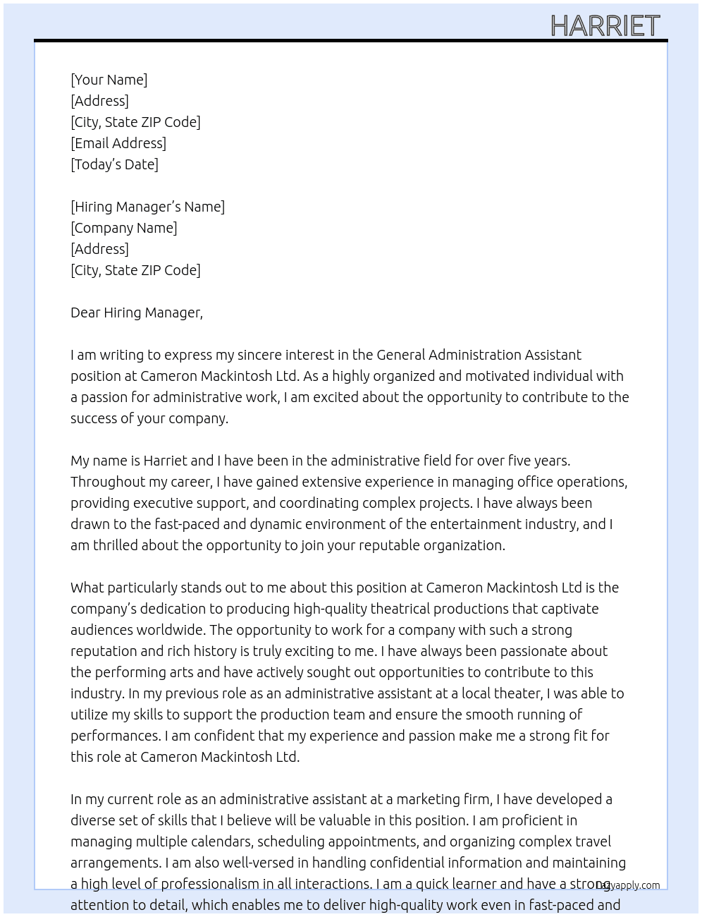 General Administration Assistant At Cameron Mackintosh Ltd Cover Letter