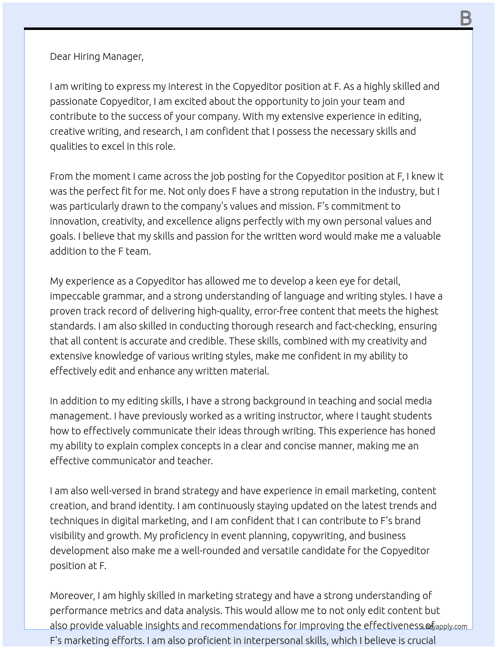 Copyeditor At F Cover Letter