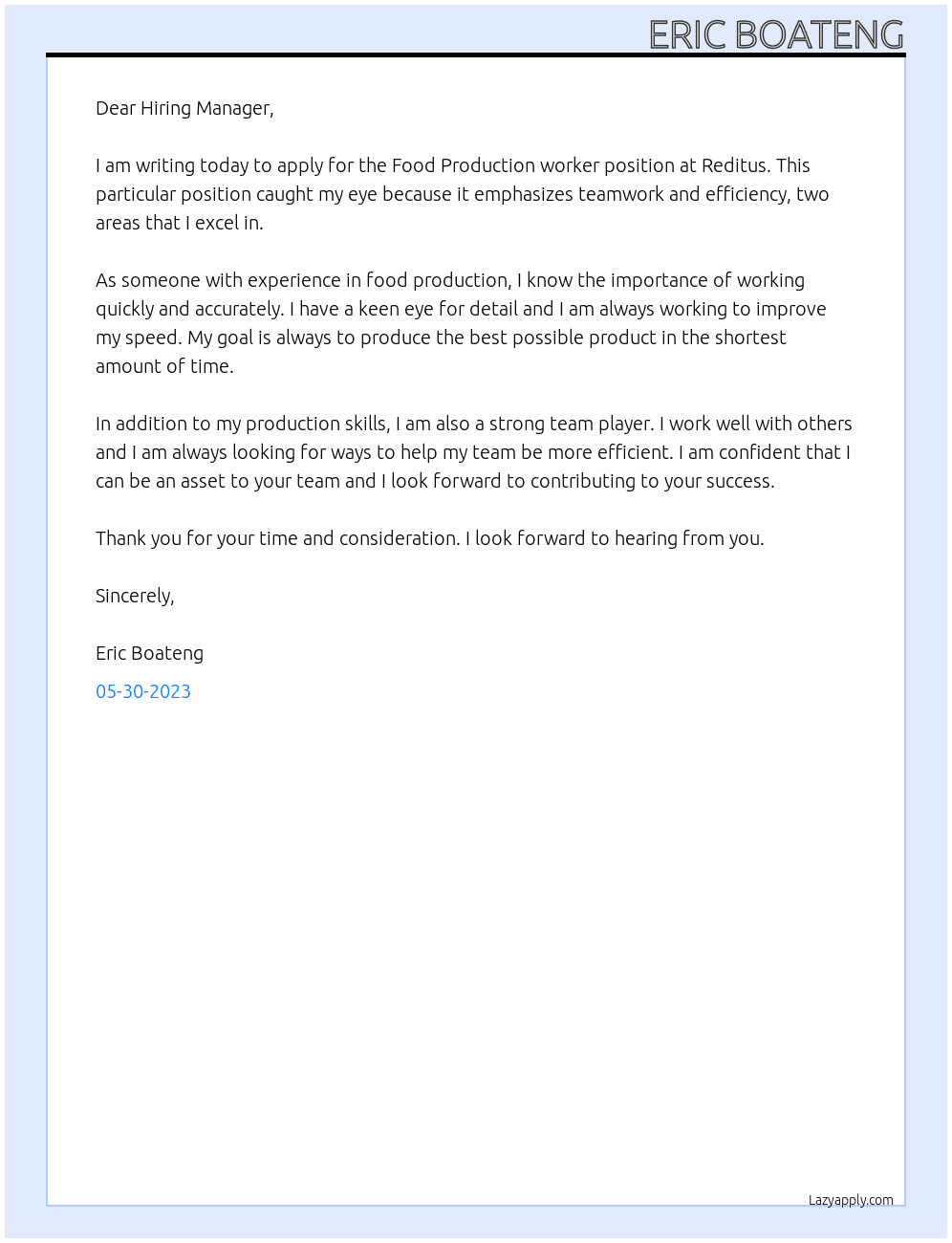 Food Production worker At Reditus Cover Letter