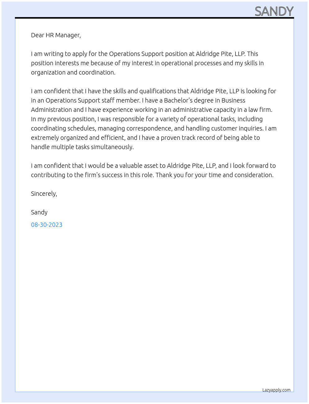 Operations Support At Aldridge Pite, LLP Cover Letter
