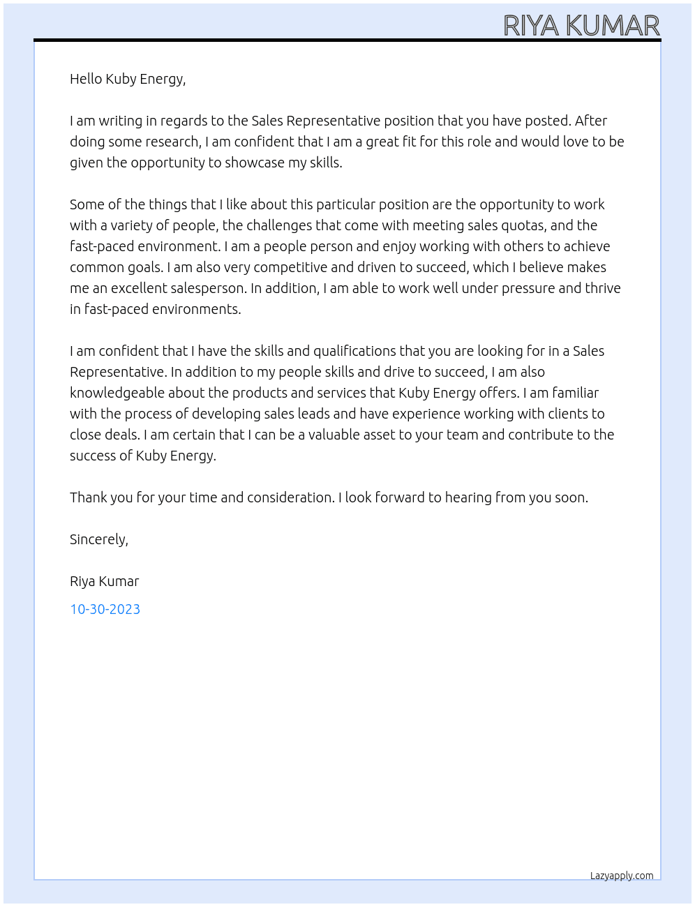 Sales repersentative At Kuby Energy Cover Letter