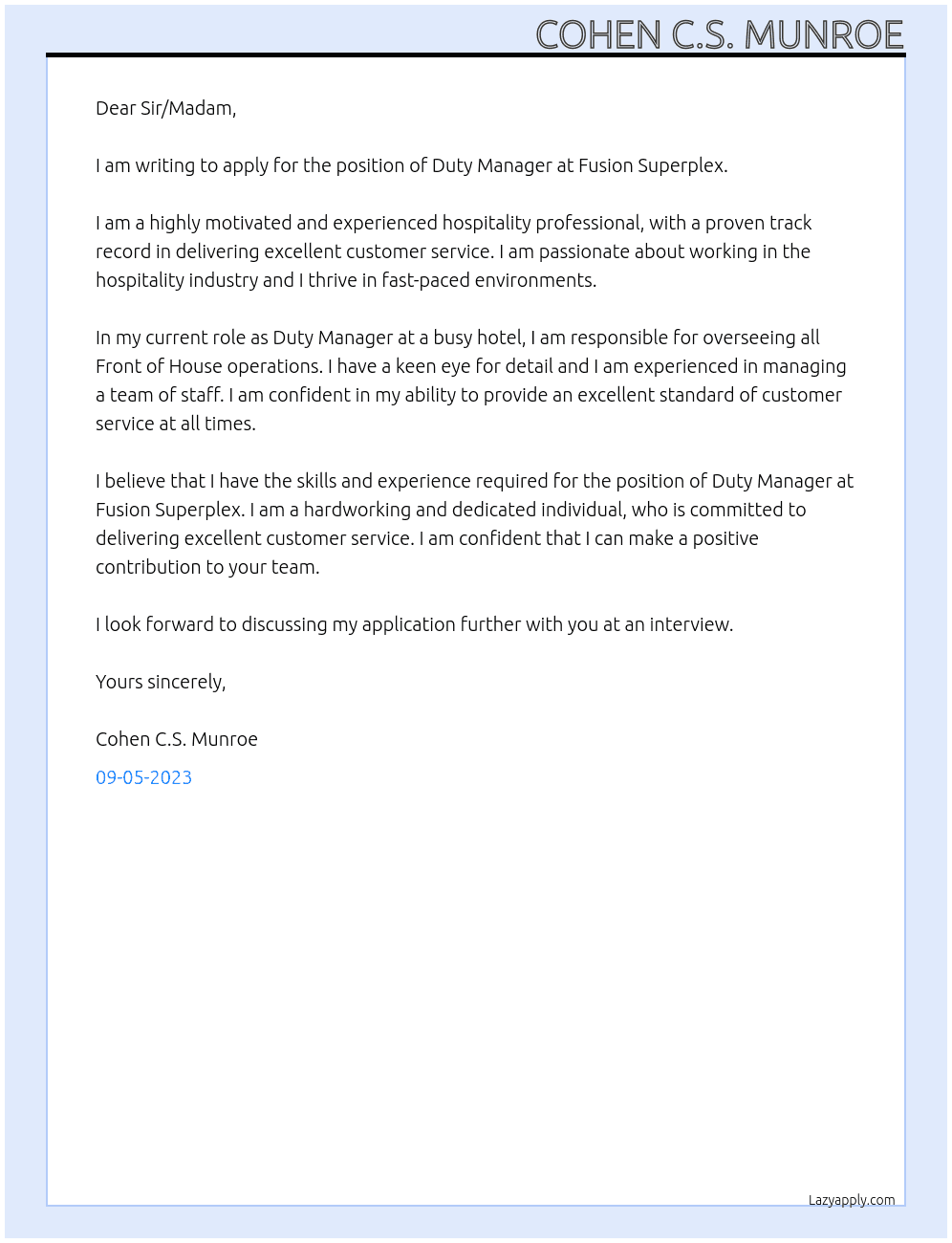 Duty Manager At Fusion Superplex Cover Letter