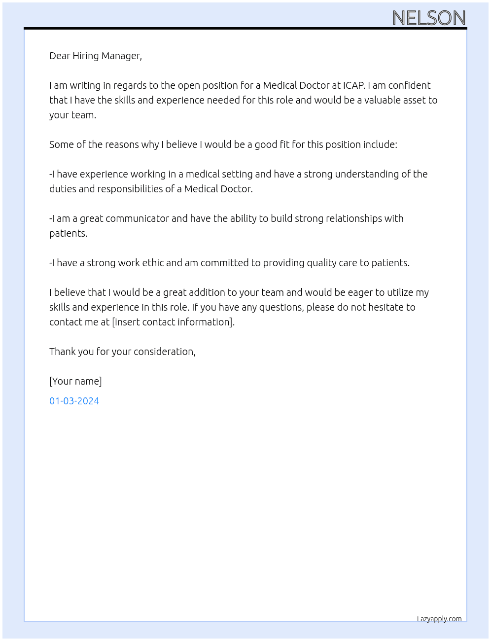 Medical doctor At icap Cover Letter