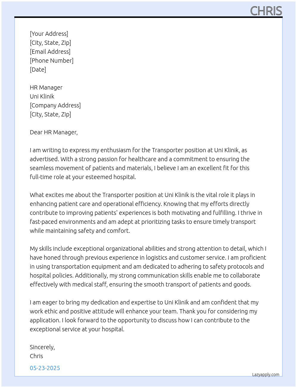 Transporter At Uni Klinik Cover Letter