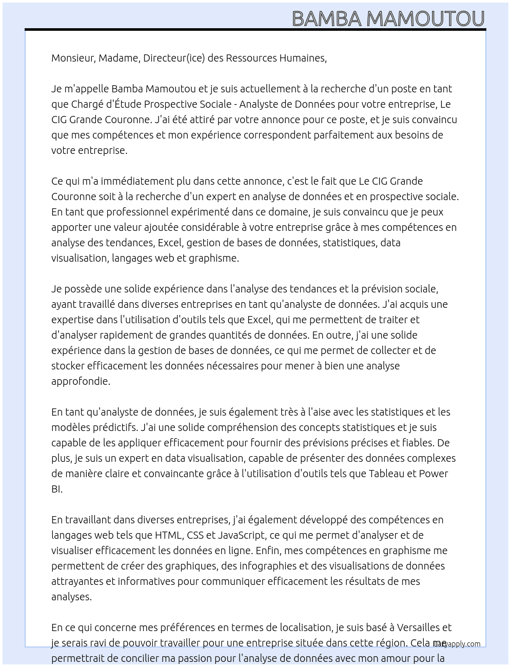CHARGÉ D'ÉTUDE PROSPECTIVE SOCIALE - ANALYSTE DE DONNÉES - H/F At Le CIG Grande Couronne Cover Letter