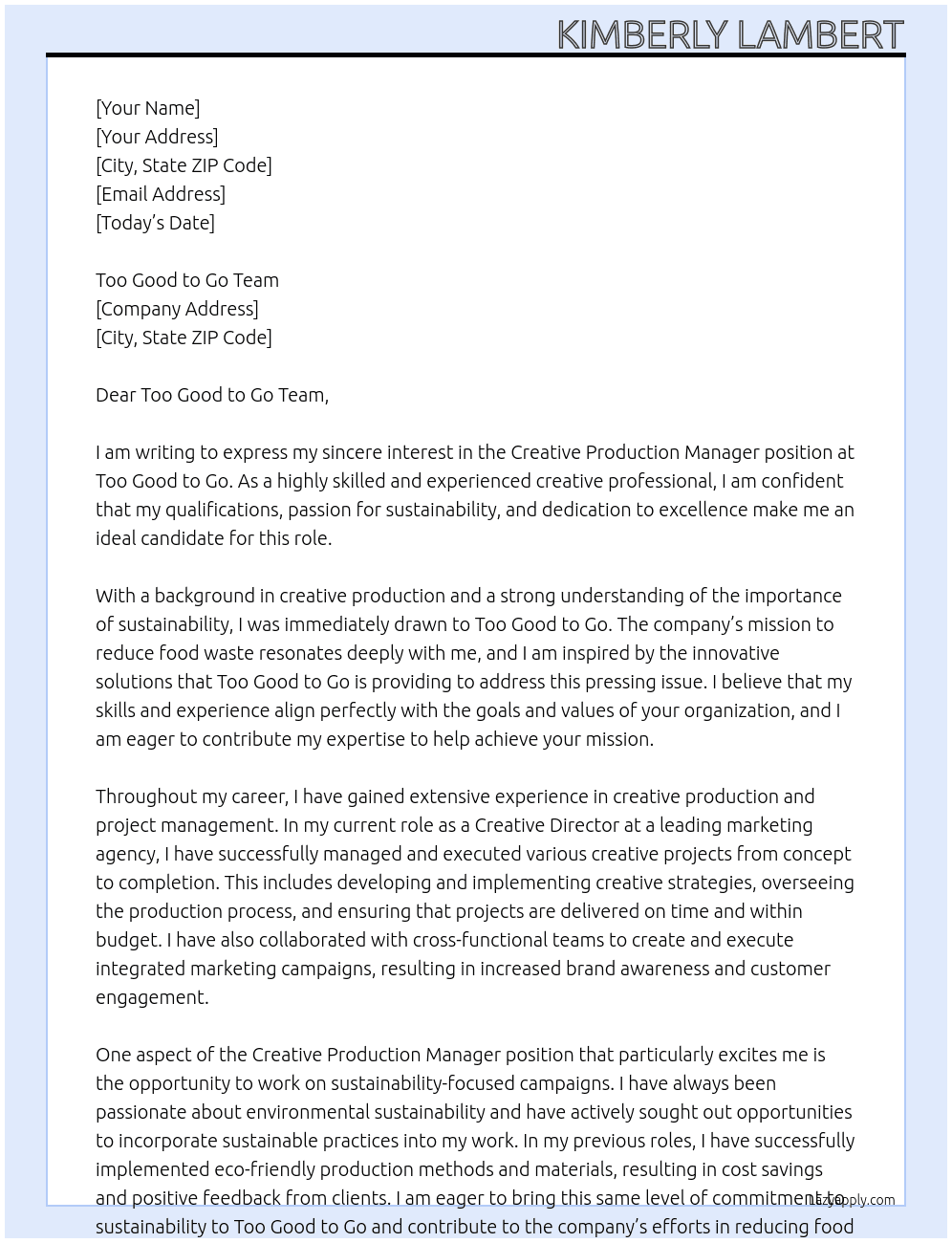 Creative Production Manager At Too Good to Go Cover Letter