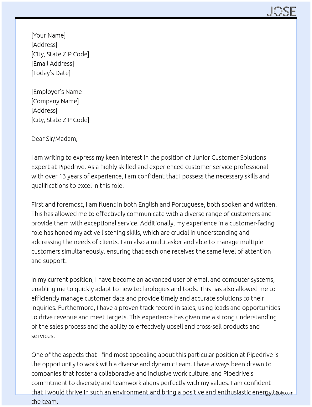 Junior Customer Solutions Expert At Pipedrive Cover Letter